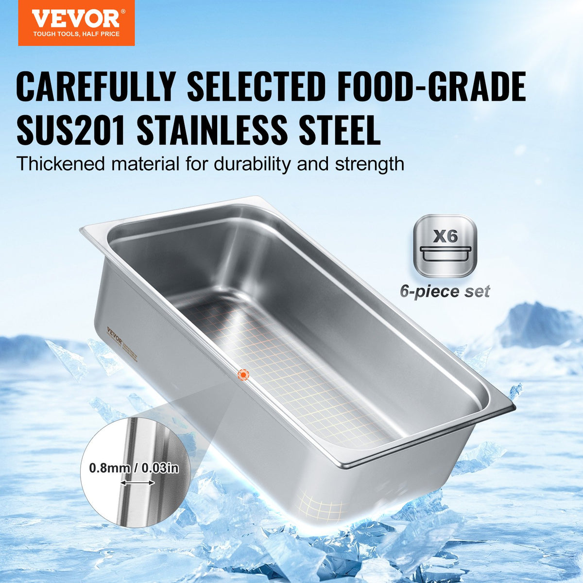 VEVOR 6 Pack Hotel Pans, Full Size Anti-Jam Steam Pan, 0.8mm Thick Stainless Steel Restaurant Steam Table Pan, 6-Inch Deep Commercial Table Pan, Catering Storage Food Pan, for Industrial & Scientific - 11QCCPWG6YCSQE87TV0 - view 3