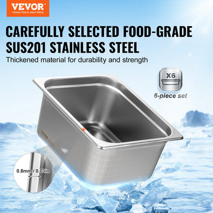 VEVOR 6 Pack Hotel Pans, 1/2 Size Anti-Jam Steam Pan, 0.8mm Thick Stainless Steel Restaurant Steam Table Pan, 6-Inch Deep Commercial Table Pan, Catering Storage Food Pan, for Industrial & Scientific - 12BCCPBXG6JTH1L7WV0 - view 3