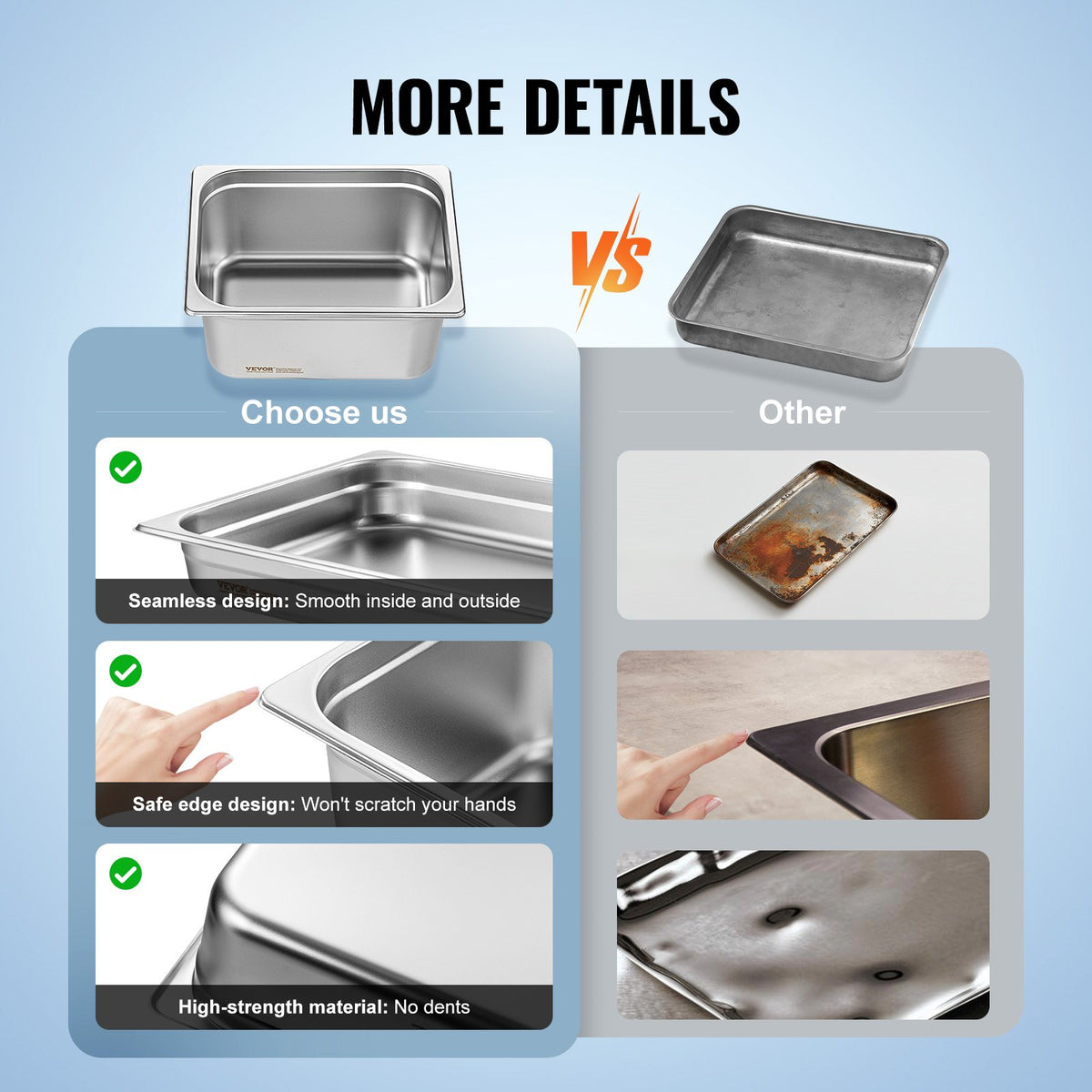 VEVOR 6 Pack Hotel Pans, 1/2 Size Anti-Jam Steam Pan, 0.8mm Thick Stainless Steel Restaurant Steam Table Pan, 6-Inch Deep Commercial Table Pan, Catering Storage Food Pan, for Industrial & Scientific - 12BCCPBXG6JTH1L7WV0 - view 7