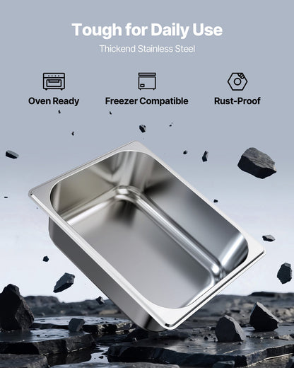 VEVOR 6 Pack Stainless Steam Hotel Pans, 1/2 Size Table Steam Pan, 4 Inch Deep Anti Jam Restaurant Supplies Reusable Rustproof Catering Storage for Home, Party, Restaurant, Hotel, Buffet - 12BCCPBXG6JTIEOP4001V0 - view 3