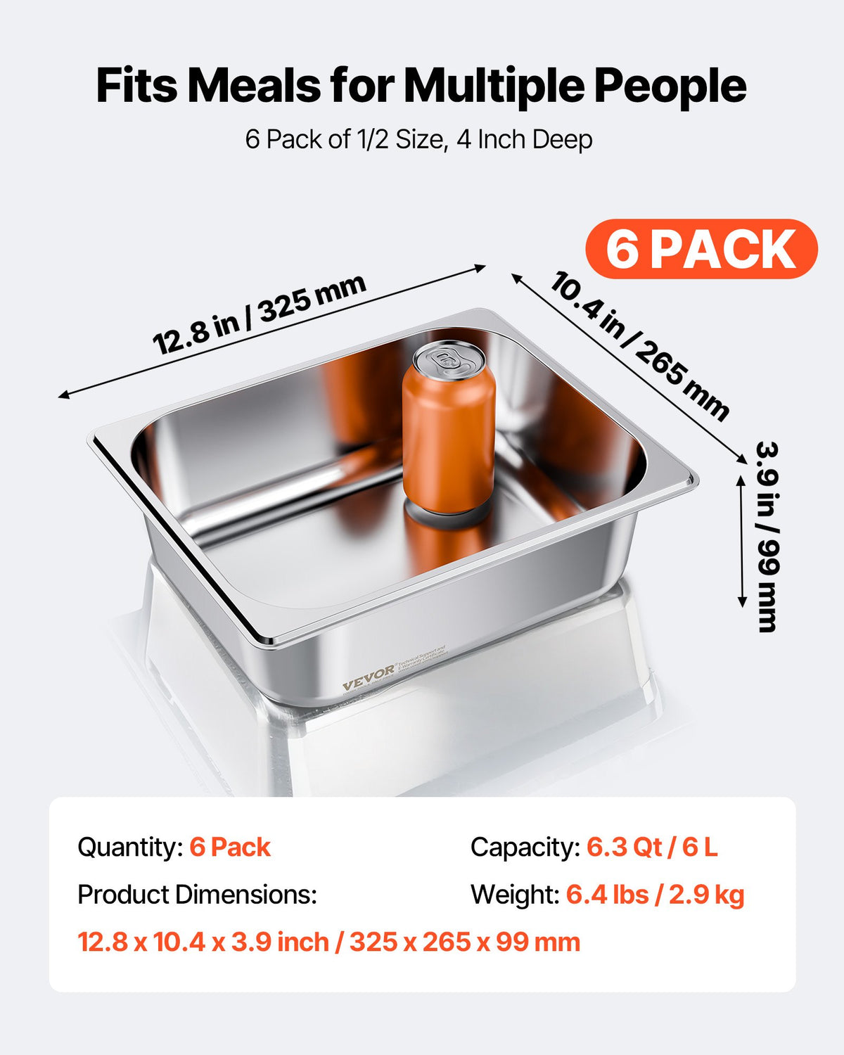 VEVOR 6 Pack Stainless Steam Hotel Pans, 1/2 Size Table Steam Pan, 4 Inch Deep Anti Jam Restaurant Supplies Reusable Rustproof Catering Storage for Home, Party, Restaurant, Hotel, Buffet - 12BCCPBXG6JTIEOP4001V0 - view 4