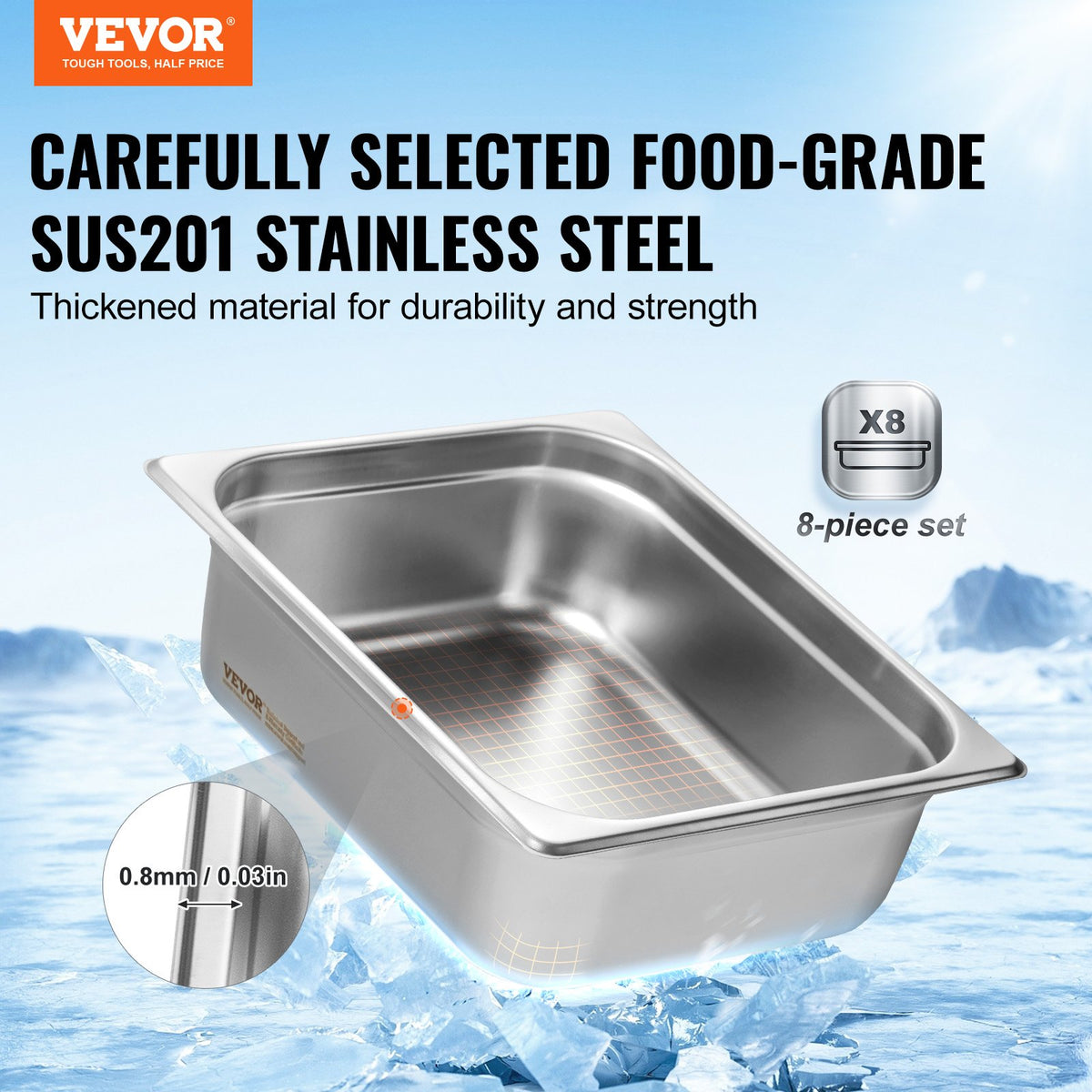 VEVOR 8 Pack Hotel Pans, 1/2 Size Anti-Jam Steam Pan with Lid, 0.8mm Thick Stainless Steel Steam Table Pan, 4-Inch Deep Commercial Table Pan, Catering Storage Food Pan, for Industrial & Scientific - 12BCCPBXG8JTGXJ0JV0 - view 3