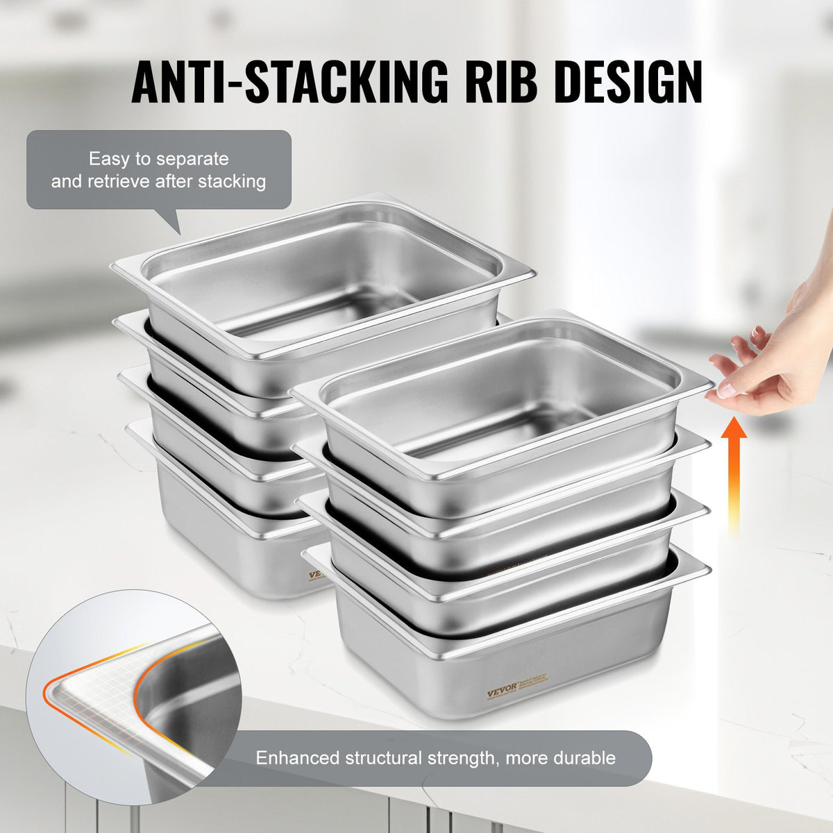 VEVOR 8 Pack Hotel Pans, 1/2 Size Anti-Jam Steam Pan with Lid, 0.8mm Thick Stainless Steel Steam Table Pan, 4-Inch Deep Commercial Table Pan, Catering Storage Food Pan, for Industrial & Scientific - 12BCCPBXG8JTGXJ0JV0 - view 5