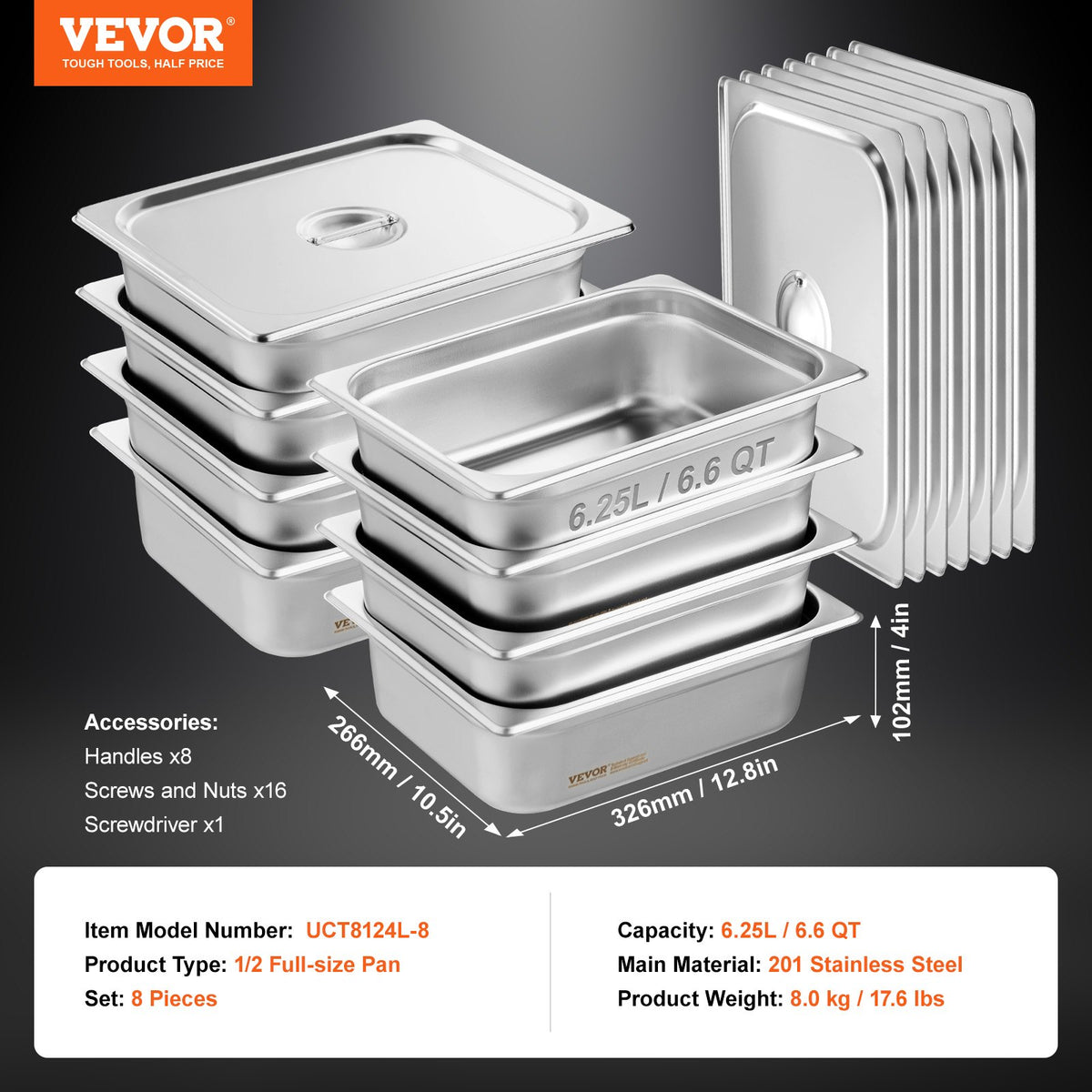 VEVOR 8 Pack Hotel Pans, 1/2 Size Anti-Jam Steam Pan with Lid, 0.8mm Thick Stainless Steel Steam Table Pan, 4-Inch Deep Commercial Table Pan, Catering Storage Food Pan, for Industrial & Scientific - 12BCCPBXG8JTGXJ0JV0 - view 8