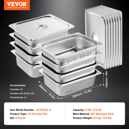 VEVOR 8 Pack Hotel Pans, 1/2 Size Anti-Jam Steam Pan with Lid, 0.8mm Thick Stainless Steel Steam Table Pan, 4-Inch Deep Commercial Table Pan, Catering Storage Food Pan, for Industrial & Scientific - 12BCCPBXG8JTGXJ0JV0 - view 8