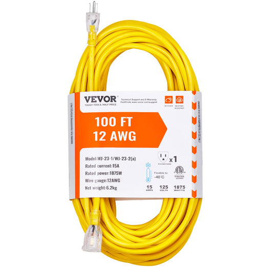 VEVOR 100FT Heavy Duty Extension Cord, 12AWG 15Amps 1875W, 3 Prongs Indoor Outdoor Electric Cord with Lighted End, Flexible & -40°C Cold-Resistant for Lawn, Garage, Home Use, ETL Listed - 12MGXG1100YCRQMVHV1 - view 1