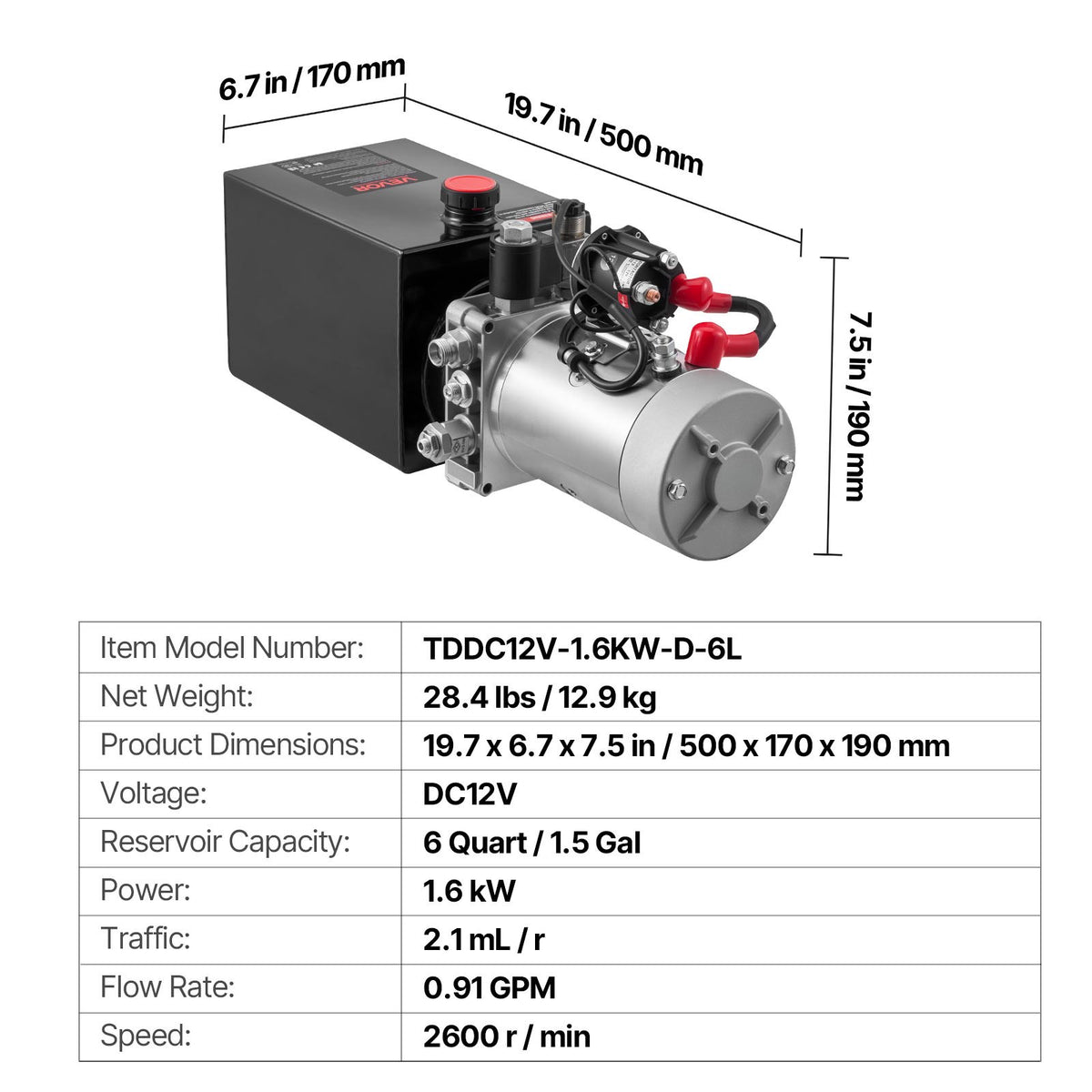 VEVOR 6 Quart Hydraulic Power Unit, Single Acting Dump Trailer Pump, 3200 PSI Max Relief Pressure & 0.91 GPM Flow Rate, DC 12V Hydraulic Pump with Metal Reservoir for Dump Trailer Car Lifting, Black - 12VDZYFXJSYXLIK15001V9 - view 8