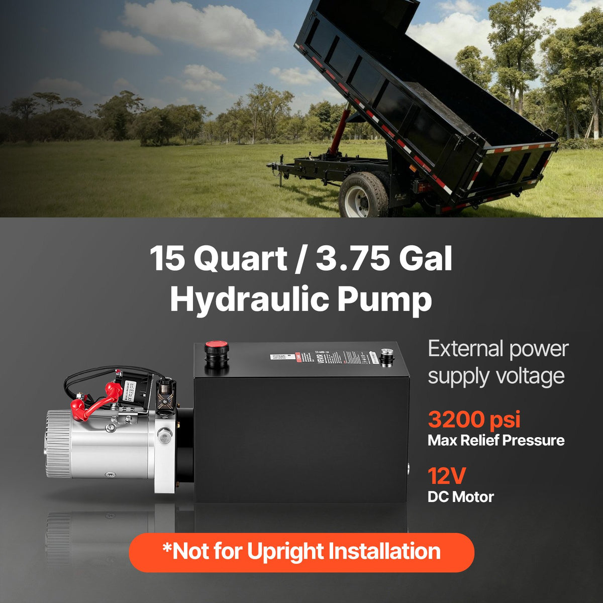 VEVOR 15 Quart Hydraulic Pump, Single Acting Dump Trailer Pump, 3200PSI Max Relief Pressure, 0.91 GPM Flow Rate, DC12V 1.6KW Hydraulic Power Unit for Dump Trailer Car Lifting (Horizontal Installation) - 12VDZYFXJSYXRCAJ3001V9 - view 3