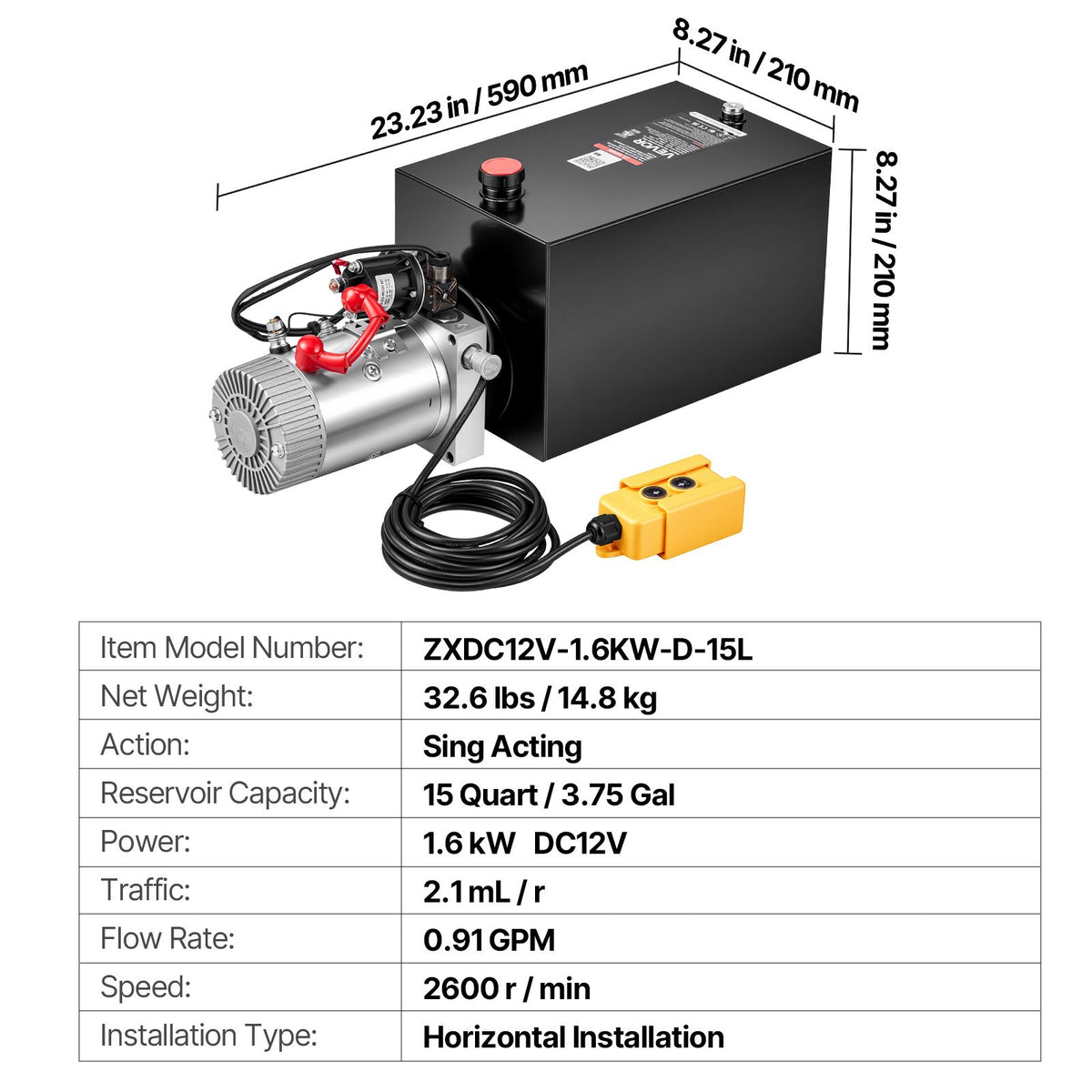 VEVOR 15 Quart Hydraulic Pump, Single Acting Dump Trailer Pump, 3200PSI Max Relief Pressure, 0.91 GPM Flow Rate, DC12V 1.6KW Hydraulic Power Unit for Dump Trailer Car Lifting (Horizontal Installation) - 12VDZYFXJSYXRCAJ3001V9 - view 8