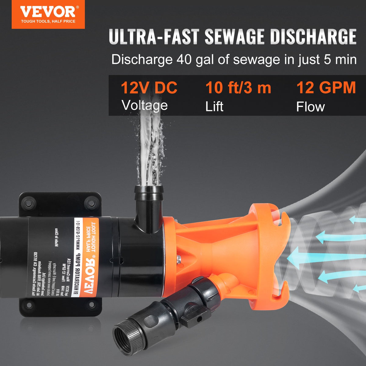 VEVOR RV Portable Macerator Pump, 12V, 12GMP Quick Release RV Waste Pump, RV Sewage Sewer Pump with Detachable Quick Connection Valve Metal Hose Clamp Power Cord, for RV Boat Marine Motorhome Camper - 12VFCJZB12V1JPF4RV9 - view 2