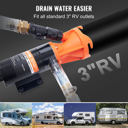 VEVOR RV Portable Macerator Pump, 12V, 12GMP Quick Release RV Waste Pump, RV Sewage Sewer Pump with Detachable Quick Connection Valve Metal Hose Clamp Power Cord, for RV Boat Marine Motorhome Camper - 12VFCJZB12V1JPF4RV9 - view 3