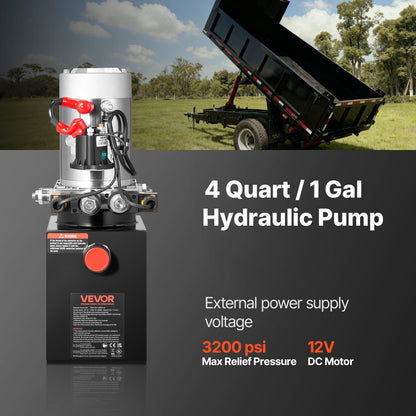 VEVOR 4 Quart Hydraulic Power Unit, Double Acting Dump Trailer Pump, 3200 PSI Max Relief Pressure & 0.91 GPM Flow Rate, DC 12V Hydraulic Pump with Metal Reservoir for Dump Trailer Car Lifting, Black - 12VSZYFXJSYXEEI28001V9 - view 3