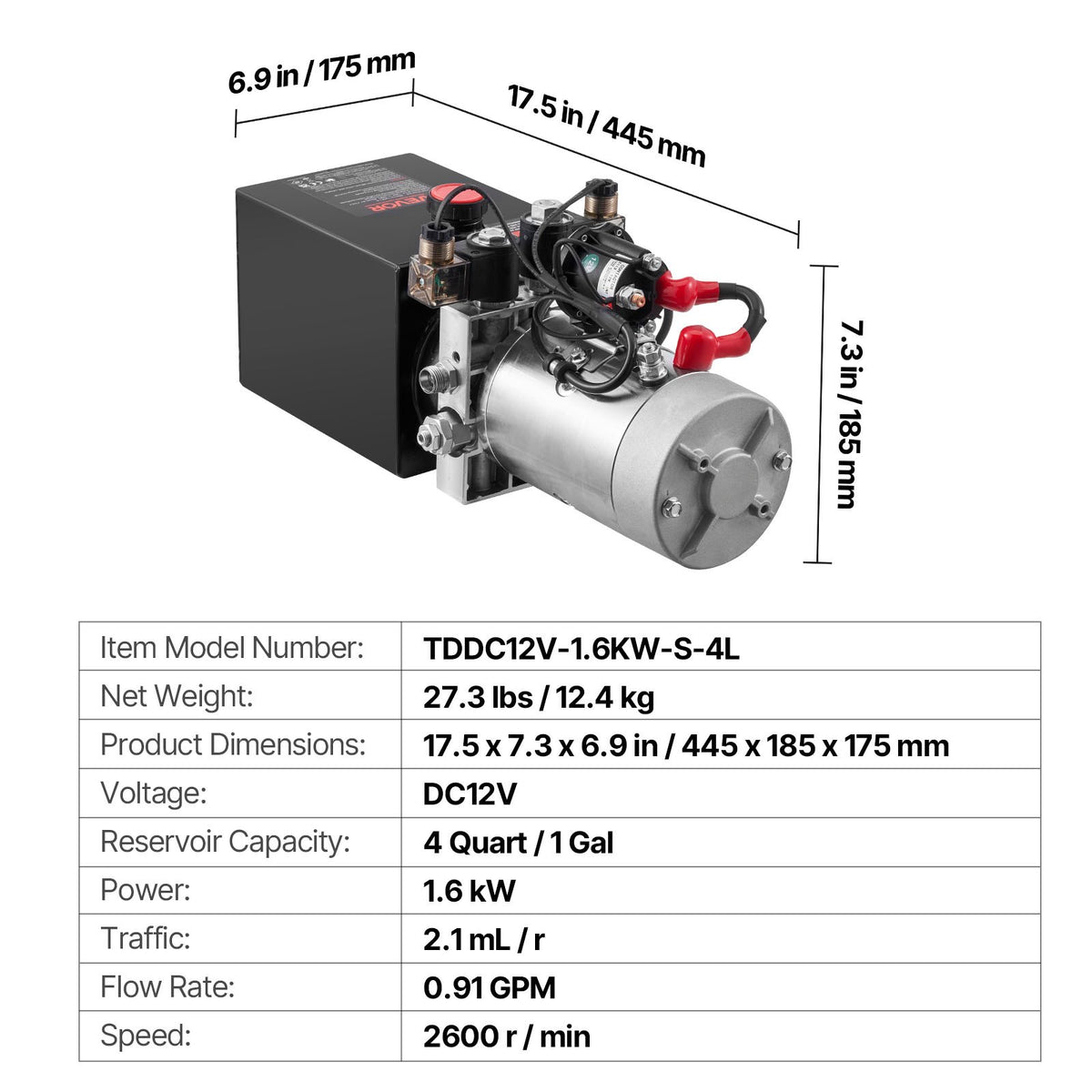 VEVOR 4 Quart Hydraulic Power Unit, Double Acting Dump Trailer Pump, 3200 PSI Max Relief Pressure & 0.91 GPM Flow Rate, DC 12V Hydraulic Pump with Metal Reservoir for Dump Trailer Car Lifting, Black - 12VSZYFXJSYXEEI28001V9 - view 8
