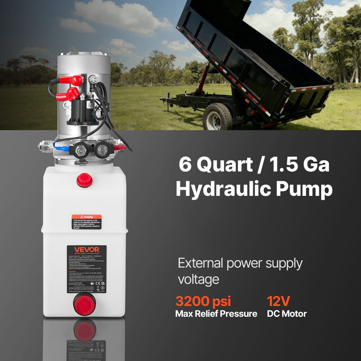 VEVOR 6 Quart Hydraulic Power Unit, Double Acting Dump Trailer Pump, 3200 PSI Max Relief Pressure & 0.91 GPM Flow Rate, DC 12V Hydraulic Pump with Metal Reservoir for Dump Trailer Car Lifting, White - 12VSZYSLXCZYG6WIF001V9 - view 3