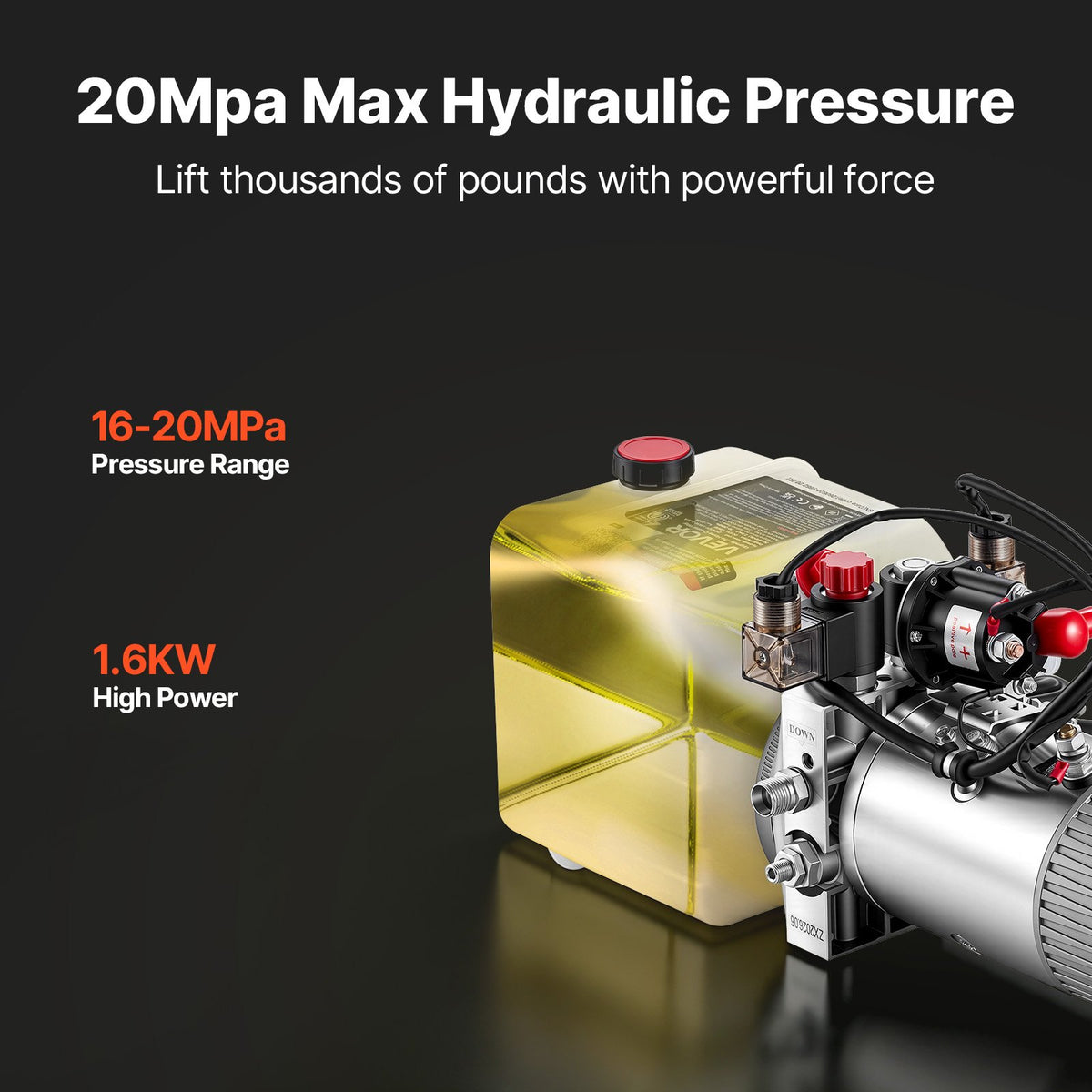 VEVOR 3 Quart Hydraulic Pump, Double Acting Dump Trailer Pump, 3200PSI Max Relief Pressure & 0.91 GPM Flow Rate, DC12V 1.6KW Hydraulic Power Unit for Dump Trailer Car Lifting (Horizontal Installation) - 12VSZYSLXCZYIUN02001V9 - view 4