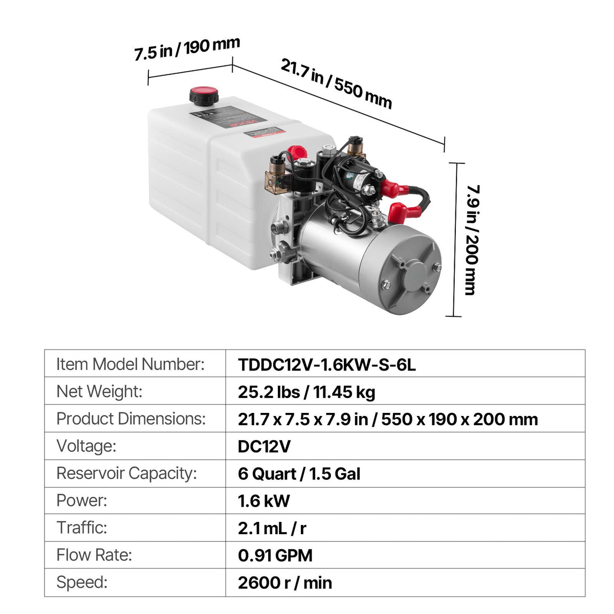 VEVOR 6 Quart Hydraulic Power Unit, Double Acting Dump Trailer Pump, 3200 PSI Max Relief Pressure & 0.91 GPM Flow Rate, DC 12V Hydraulic Pump with Metal Reservoir for Dump Trailer Car Lifting - 12VSZYSLYXCZ91G9W001V9 - view 8