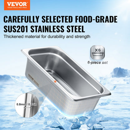VEVOR 6 Pack Hotel Pans, 1/3 Size Anti-Jam Steam Pan, 0.8mm Thick Stainless Steel Restaurant Steam Table Pan, 4-Inch Deep Commercial Table Pan, Catering Storage Food Pan, for Industrial & Scientific - 13FCCPBXG6JTM0MNLV0 - view 3