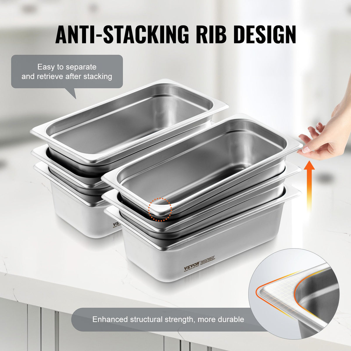 VEVOR 6 Pack Hotel Pans, 1/3 Size Anti-Jam Steam Pan, 0.8mm Thick Stainless Steel Restaurant Steam Table Pan, 4-Inch Deep Commercial Table Pan, Catering Storage Food Pan, for Industrial & Scientific - 13FCCPBXG6JTM0MNLV0 - view 5
