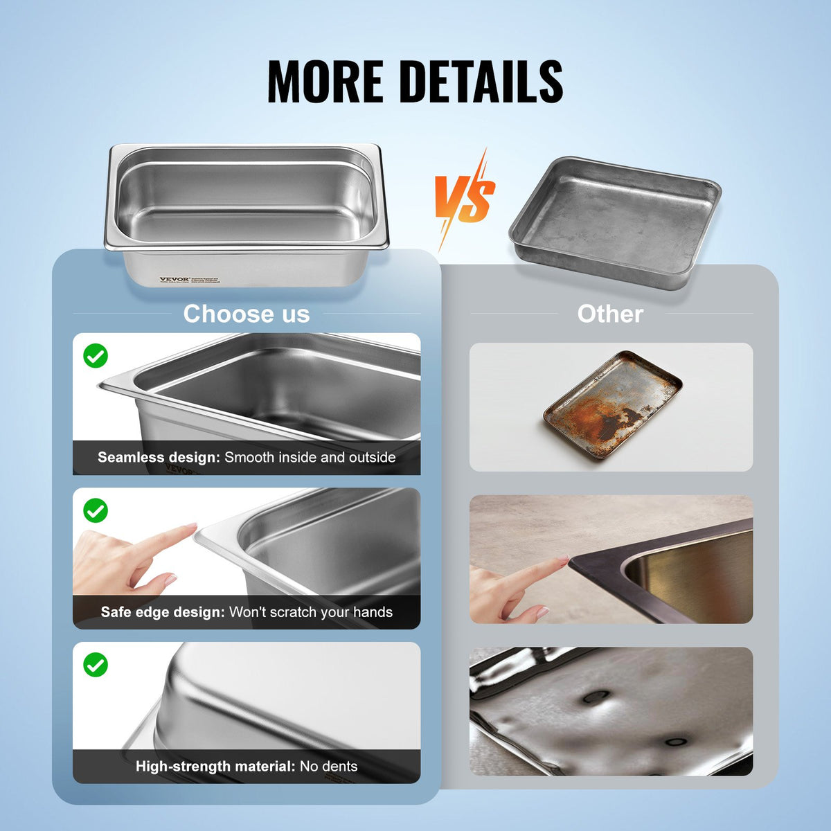 VEVOR 6 Pack Hotel Pans, 1/3 Size Anti-Jam Steam Pan, 0.8mm Thick Stainless Steel Restaurant Steam Table Pan, 4-Inch Deep Commercial Table Pan, Catering Storage Food Pan, for Industrial & Scientific - 13FCCPBXG6JTM0MNLV0 - view 7