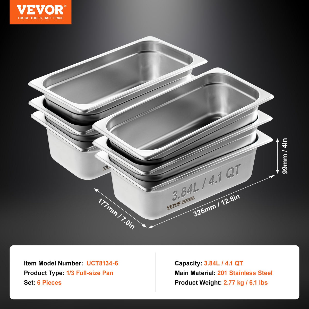 VEVOR 6 Pack Hotel Pans, 1/3 Size Anti-Jam Steam Pan, 0.8mm Thick Stainless Steel Restaurant Steam Table Pan, 4-Inch Deep Commercial Table Pan, Catering Storage Food Pan, for Industrial & Scientific - 13FCCPBXG6JTM0MNLV0 - view 8