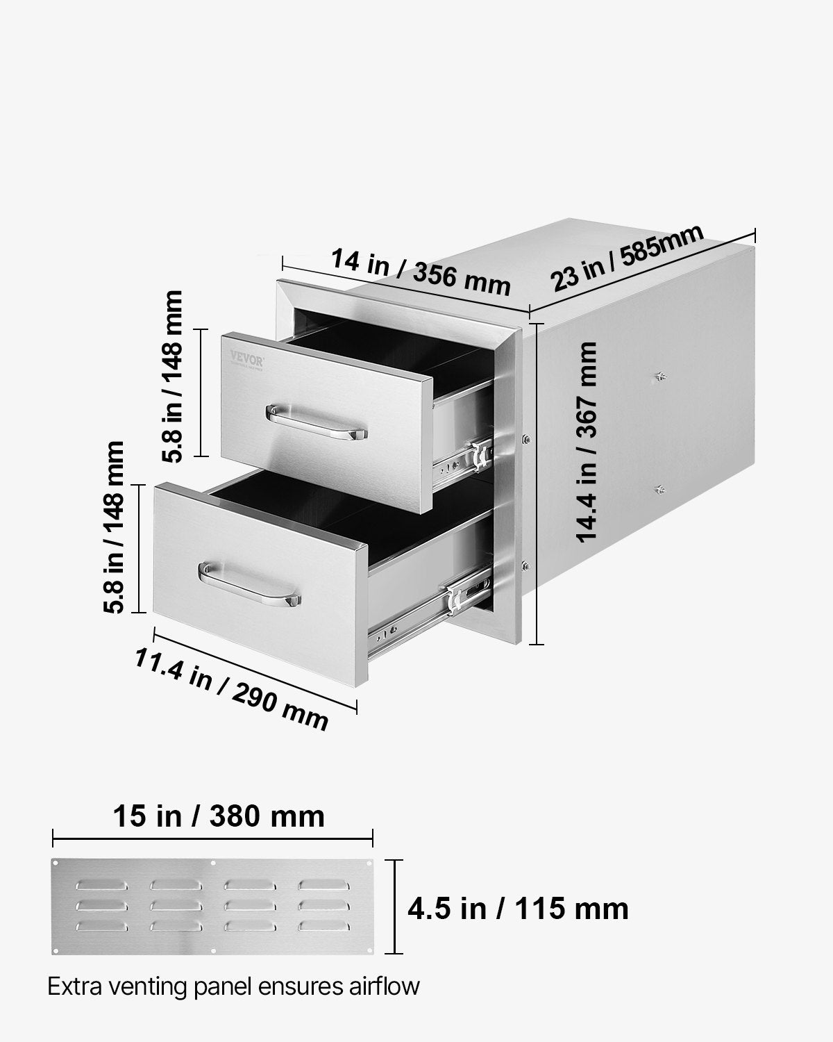 VEVOR Outdoor Kitchen Drawers 14W x 14.4H x 23D Inch, Flush Mount Double BBQ Drawers Stainless Steel with Handle, BBQ Island Drawers for Outdoor Kitchens or Grill Station - 14.38X14YC2CBXGCTV0 - view 8