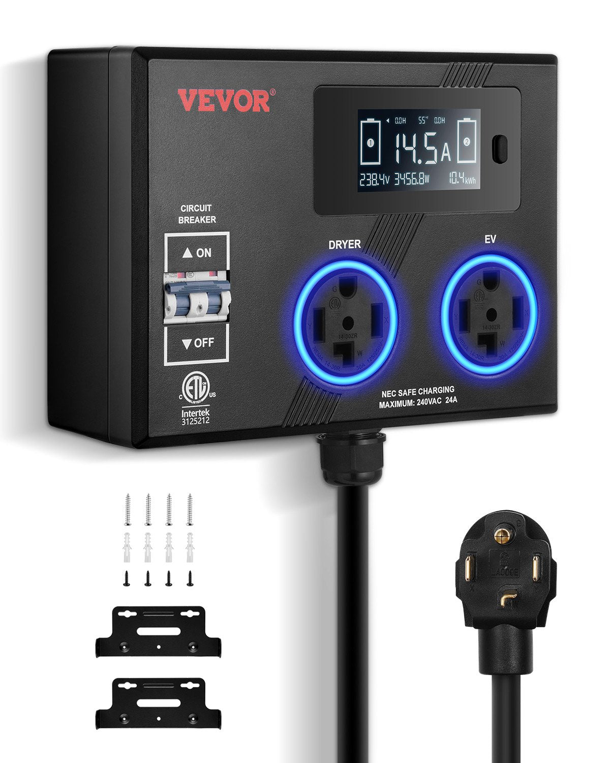 VEVOR NEMA Splitter for Dryer and EV, 3-Color LED Indicator, 240V Smart Power Distribution, With NEMA 14-30 Plug, Two NEMA 14-30 Outlets, 3.4 in LCD Screen, Max 24A Dryer EV, Tested to ETL Standard - 1430FLKG1430GIFVEV1 - view 1