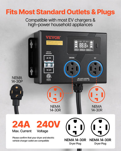 VEVOR Automatic EV Charging Switch, NEMA 14-30, Splitter Switch for Dryer & EV Charger, 24A Max 240V Smart Power Distribution with Circuit Breaker, Real-Time Display, for EVs, Ovens, Dishwashers, ETL - 1430FLKG24A2UOP8D001V4 - view 4