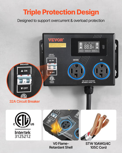 VEVOR Automatic EV Charging Switch, NEMA 14-30, Splitter Switch for Dryer & EV Charger, 24A Max 240V Smart Power Distribution with Circuit Breaker, Real-Time Display, for EVs, Ovens, Dishwashers, ETL - 1430FLKG24A2UOP8D001V4 - view 5