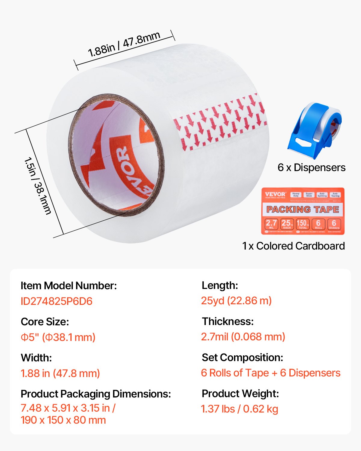 VEVOR Clear Packing Tape, 1.5 inches Core, 6 Rolls 1.88 Inches x 25 Yards Packing Tape with Dispenser, 2.7 Mil Heavy Duty Packaging Tape Designed for Moving, Storage and Packing, Shipping and Mailing - 15YCXFXJD6GZT3JQ3V0 - view 8