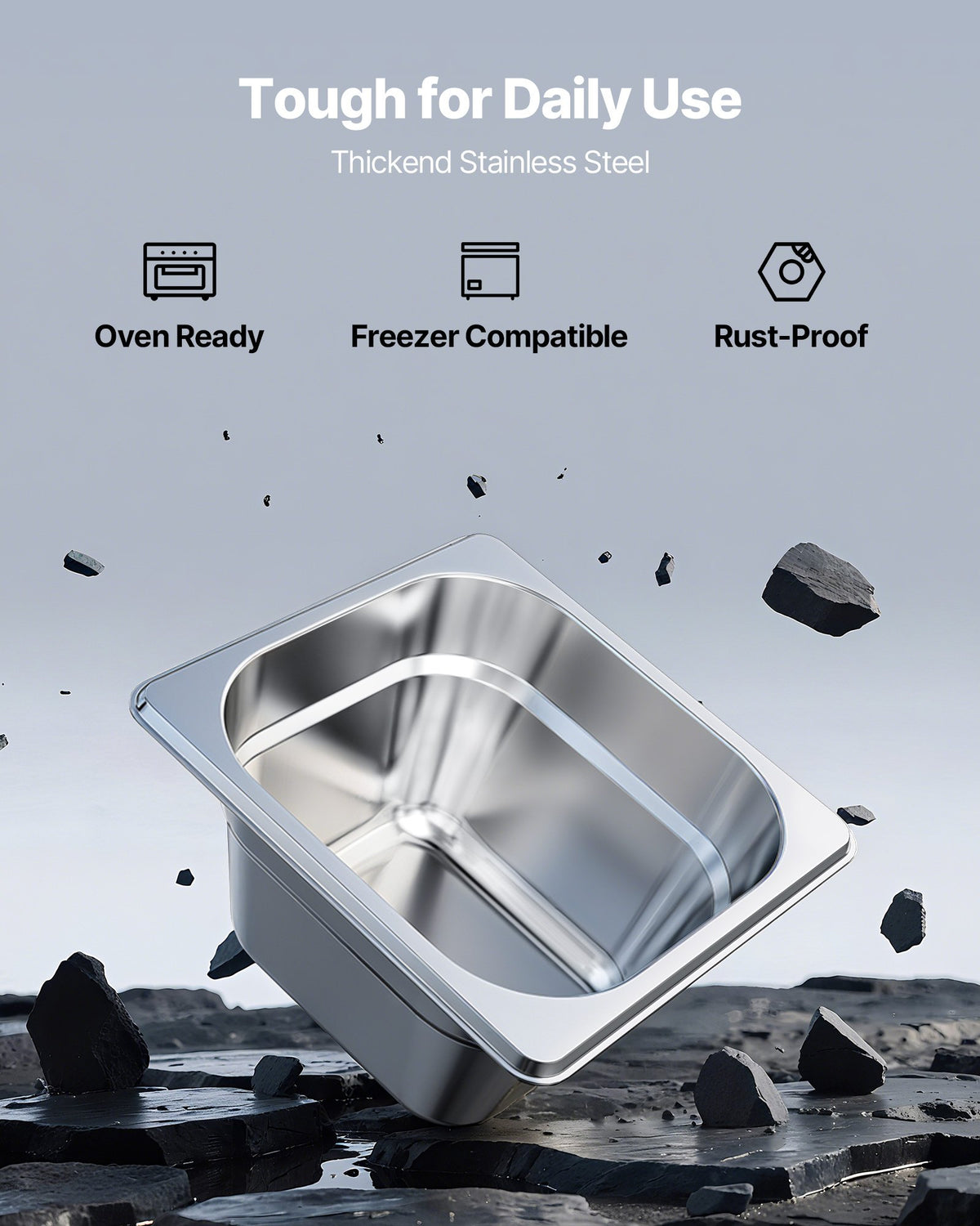 VEVOR 6 Pack Stainless Steam Hotel Pans, 1/6 Size Table Steam Pan, 4 Inch Deep, Anti Jam Restaurant Supplies Reusable Rustproof Catering Storage for Home, Party, Restaurant, Hotel, Buffet - 16FCCPBXG6JT6L402001V0 - view 3