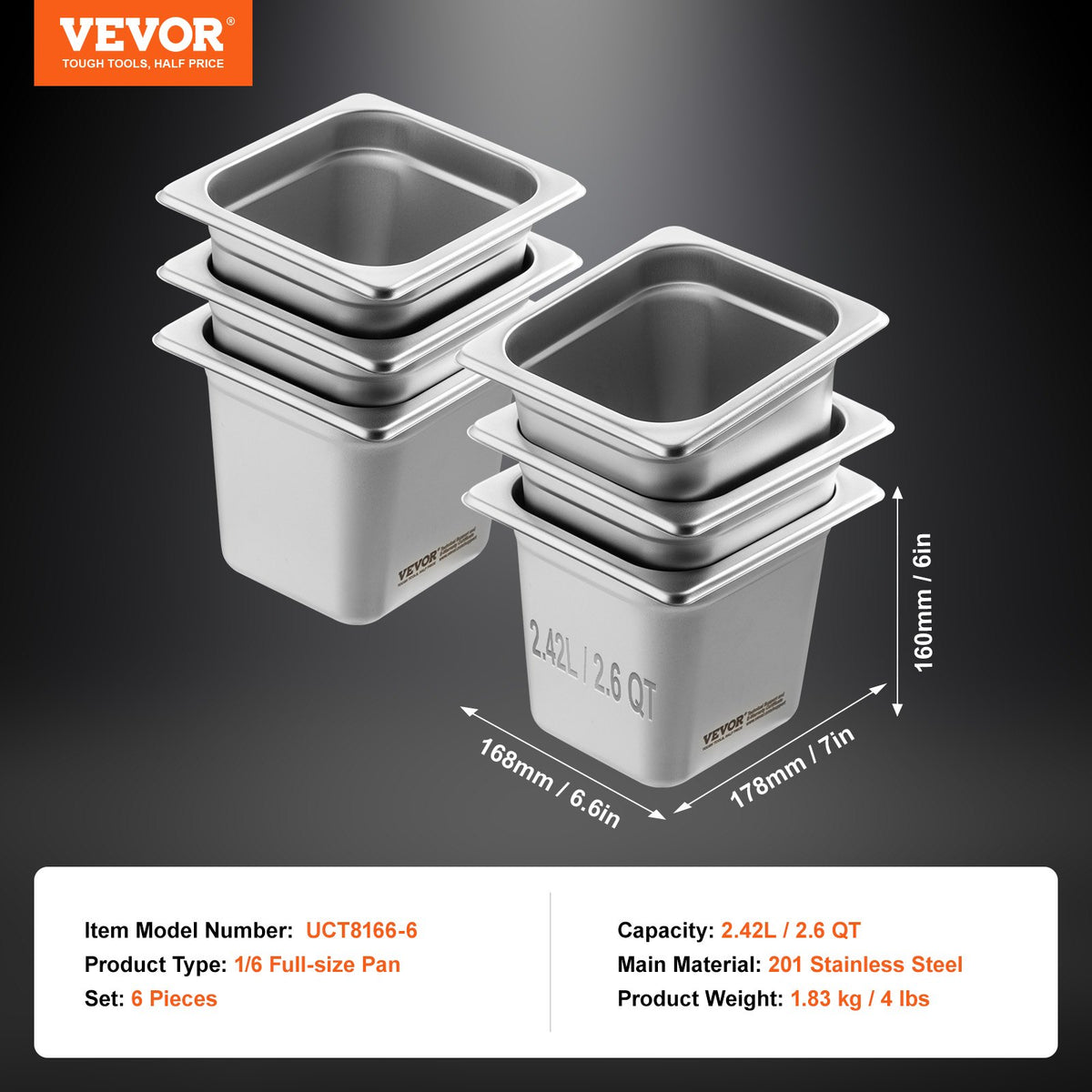 VEVOR 6 Pack Hotel Pans, 1/6  Size Anti-Jam Steam Pan, 0.8mm Thick Stainless Steel Restaurant Steam Table Pan, 6-Inch Deep Commercial Table Pan, Catering Storage Food Pan, for Industrial & Scientific - 16FCCPBXG6JTSOEA6V0 - view 8