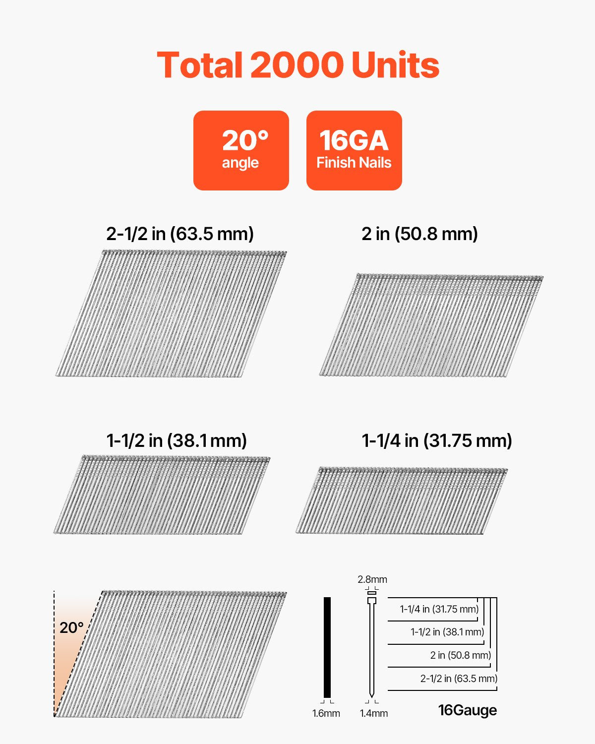 VEVOR 16 Gauge Finish Nails, 20-Degree Angled Finishing Nails, 2000-Count (2-1/2 in, 2 in, 1-1/2 in, 1-1/4 in, 500 Per Size) Finishing Nail, Galvanized Brad Nail, for 16GA 20° Angled Finish Nailers - 16GA20XSMDDCGQEH2001V0 - view 3