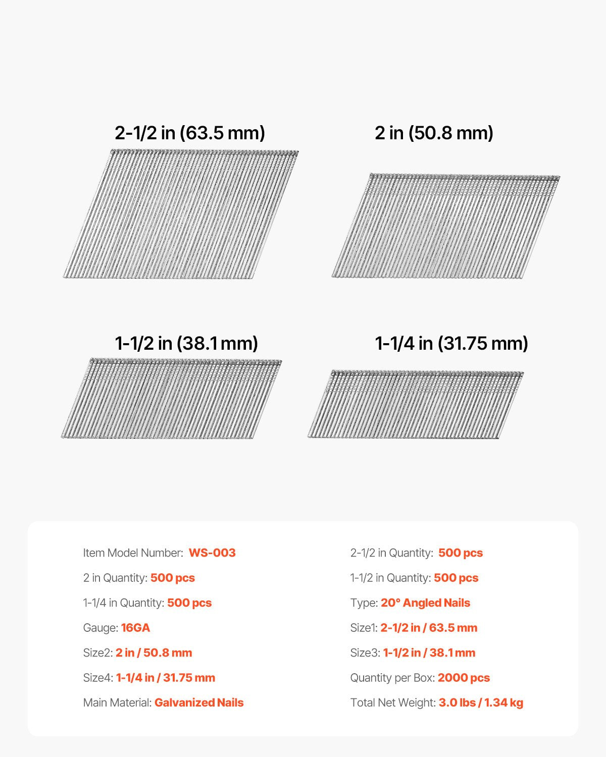 VEVOR 16 Gauge Finish Nails, 20-Degree Angled Finishing Nails, 2000-Count (2-1/2 in, 2 in, 1-1/2 in, 1-1/4 in, 500 Per Size) Finishing Nail, Galvanized Brad Nail, for 16GA 20° Angled Finish Nailers - 16GA20XSMDDCGQEH2001V0 - view 8