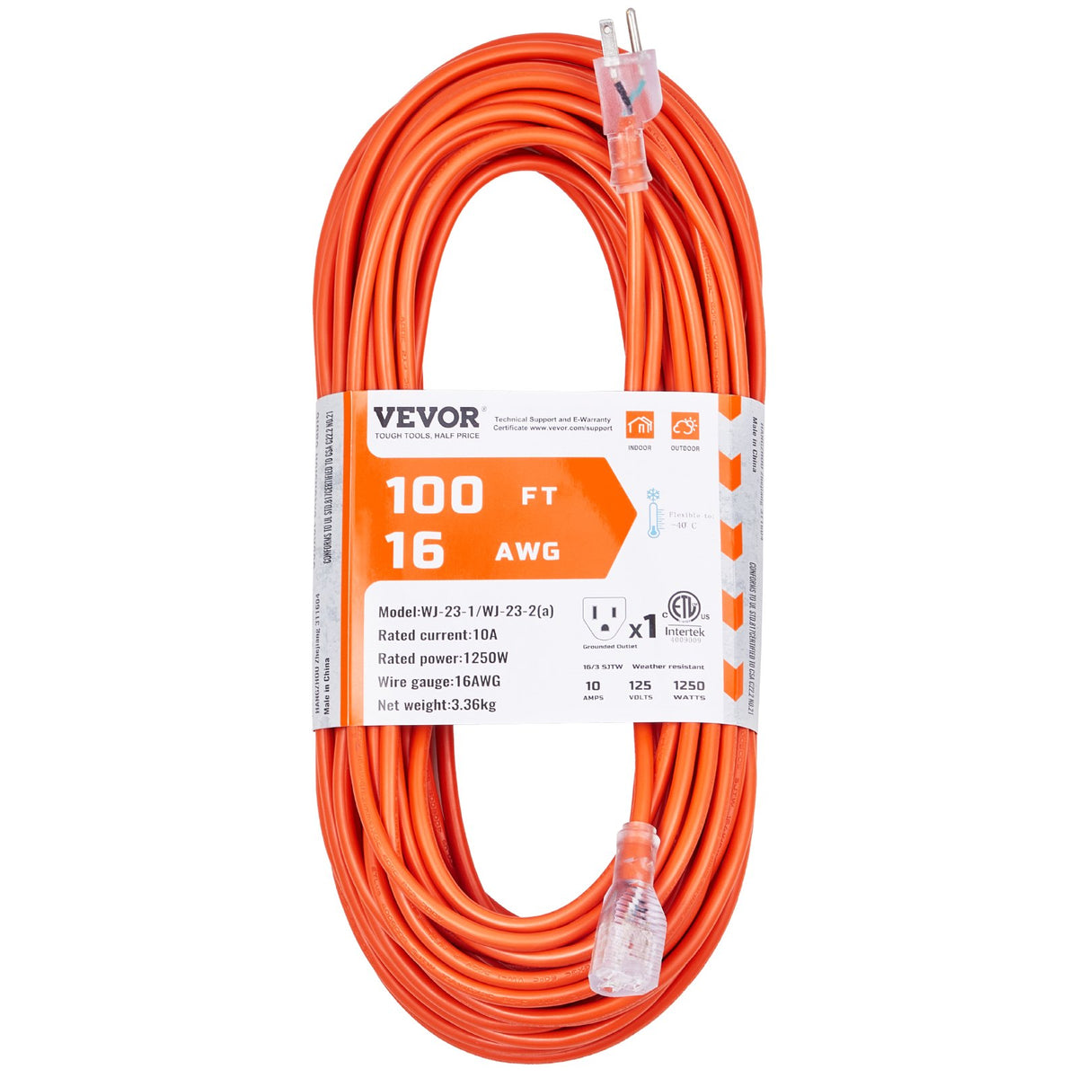 VEVOR 100FT Indoor Outdoor Extension Cord, 16AWG 10Amps 1250W, 3 Prongs Appliance Electric Cord with Lighted End, Flexible & -40°C Cold-Resistant for Office Home Use, ETL Listed - 16MGXG1100YCEBMIRV1 - view 1