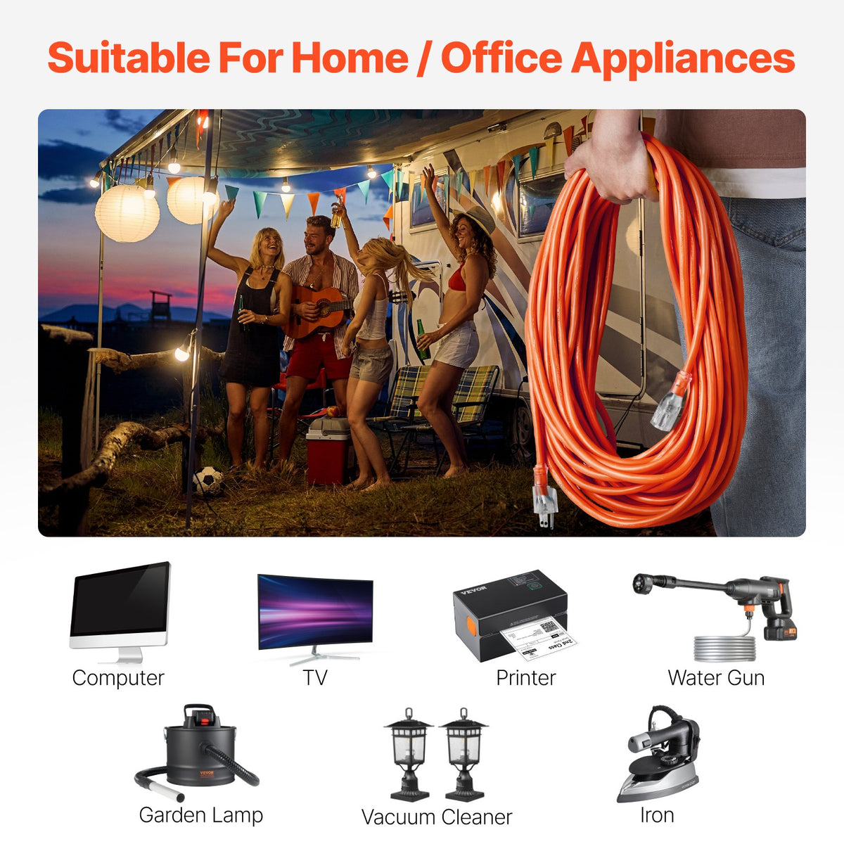 VEVOR 100FT Indoor Outdoor Extension Cord, 16AWG 10Amps 1250W, 3 Prongs Appliance Electric Cord with Lighted End, Flexible & -40°C Cold-Resistant for Office Home Use, ETL Listed - 16MGXG1100YCEBMIRV1 - view 4