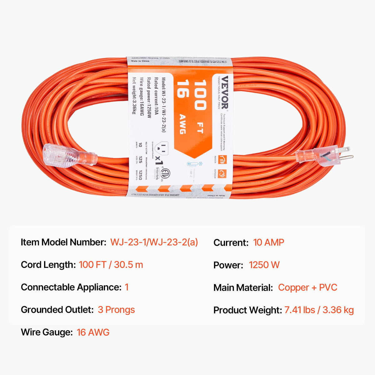 VEVOR 100FT Indoor Outdoor Extension Cord, 16AWG 10Amps 1250W, 3 Prongs Appliance Electric Cord with Lighted End, Flexible & -40°C Cold-Resistant for Office Home Use, ETL Listed - 16MGXG1100YCEBMIRV1 - view 8