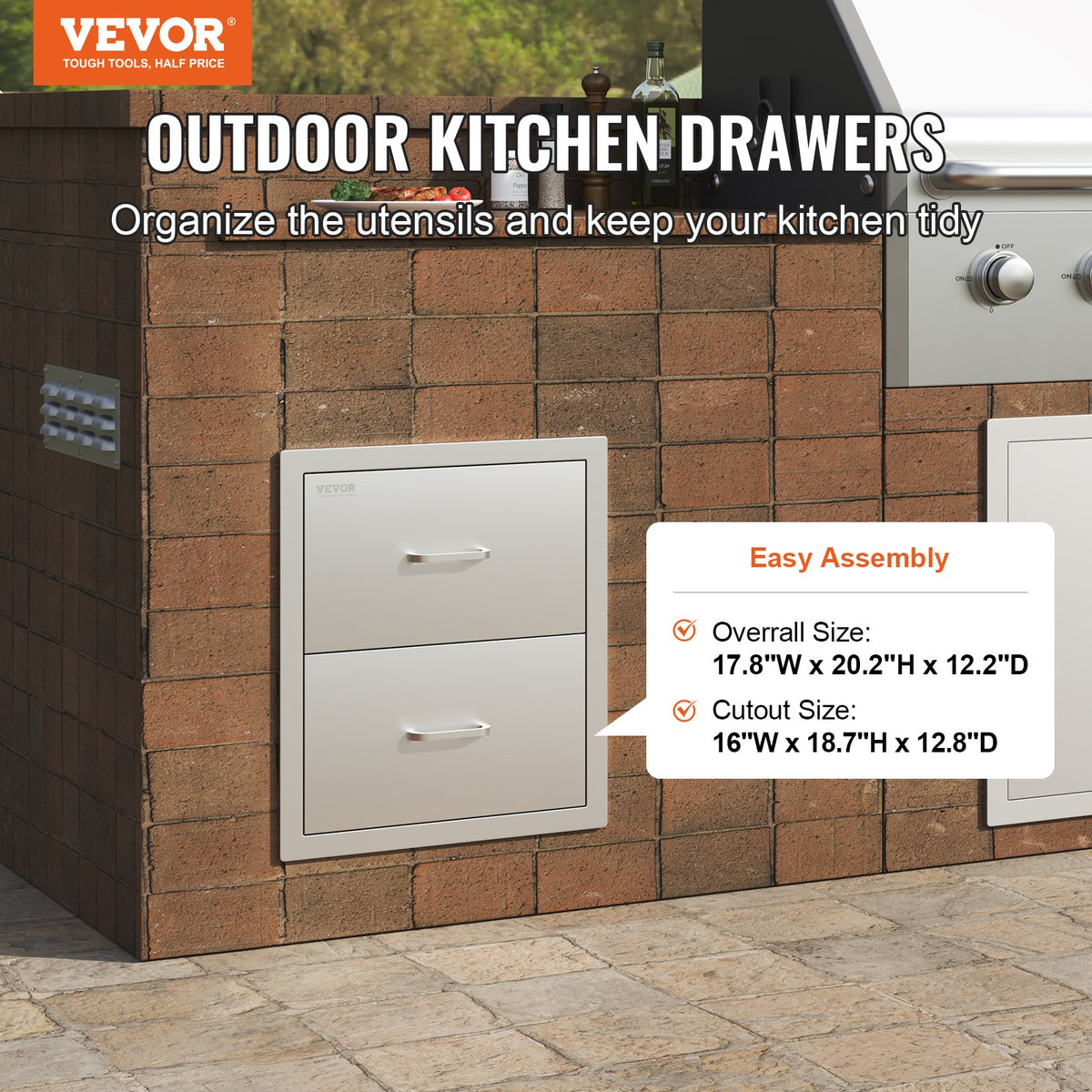 VEVOR Outdoor Kitchen Drawers 17.8W x 20.2H x 12.2D Inch, Flush Mount Double BBQ Drawers Stainless Steel with Handle, BBQ Island Drawers for Outdoor Kitchens or Patio Grill Station - 18X15YC2CBXGCTG01V0 - view 3