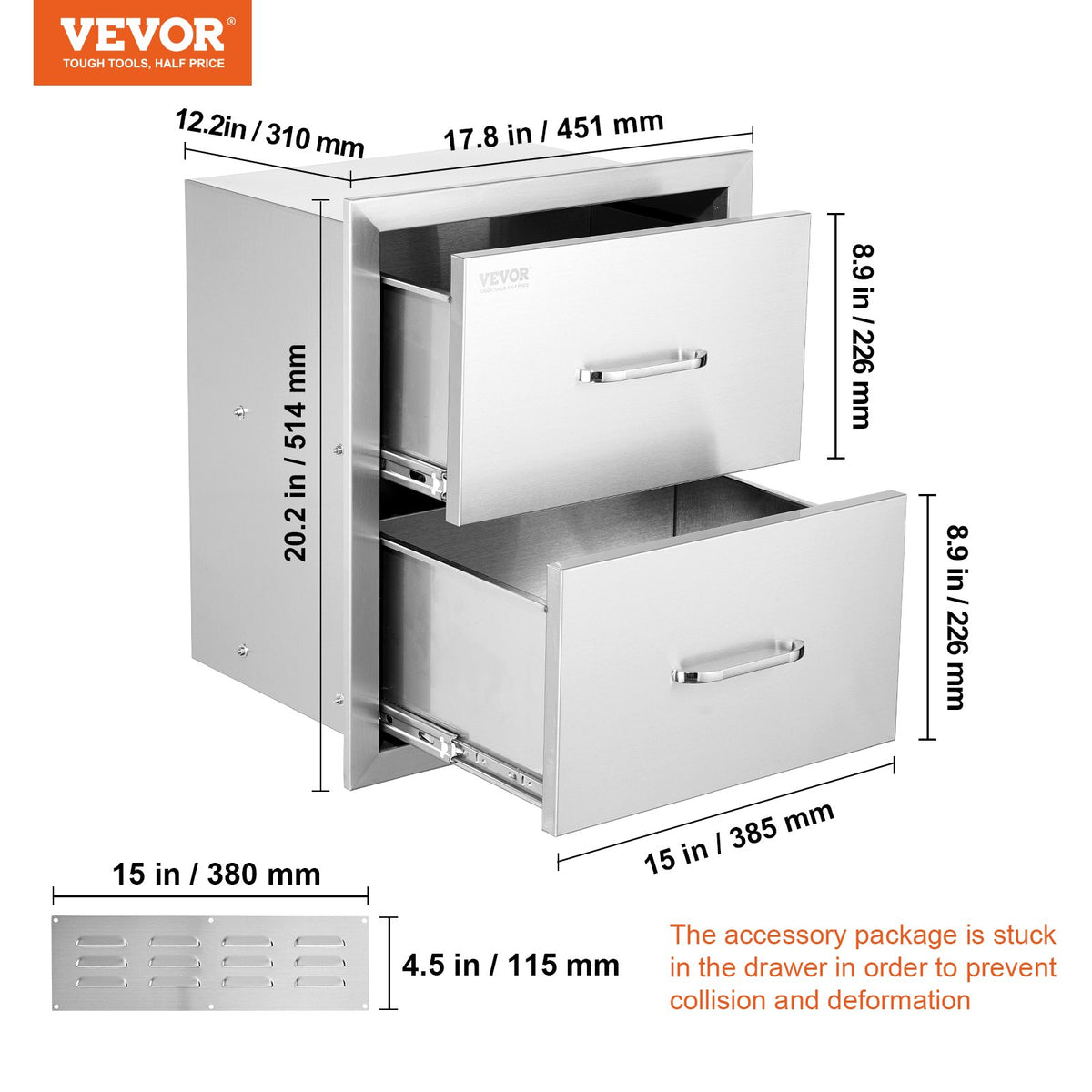 VEVOR Outdoor Kitchen Drawers 17.8W x 20.2H x 12.2D Inch, Flush Mount Double BBQ Drawers Stainless Steel with Handle, BBQ Island Drawers for Outdoor Kitchens or Patio Grill Station - 18X15YC2CBXGCTG01V0 - view 8