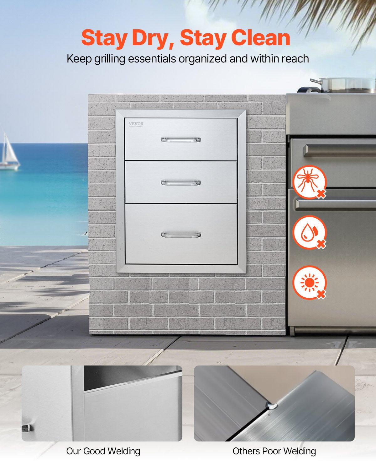 VEVOR 18x23 Inch Outdoor Kitchen Stainless Steel Triple Access BBQ Drawers with Chrome Handle, 18 x23 x 23 Inch - 18X23YC3CBXGCTG01V0 - view 4