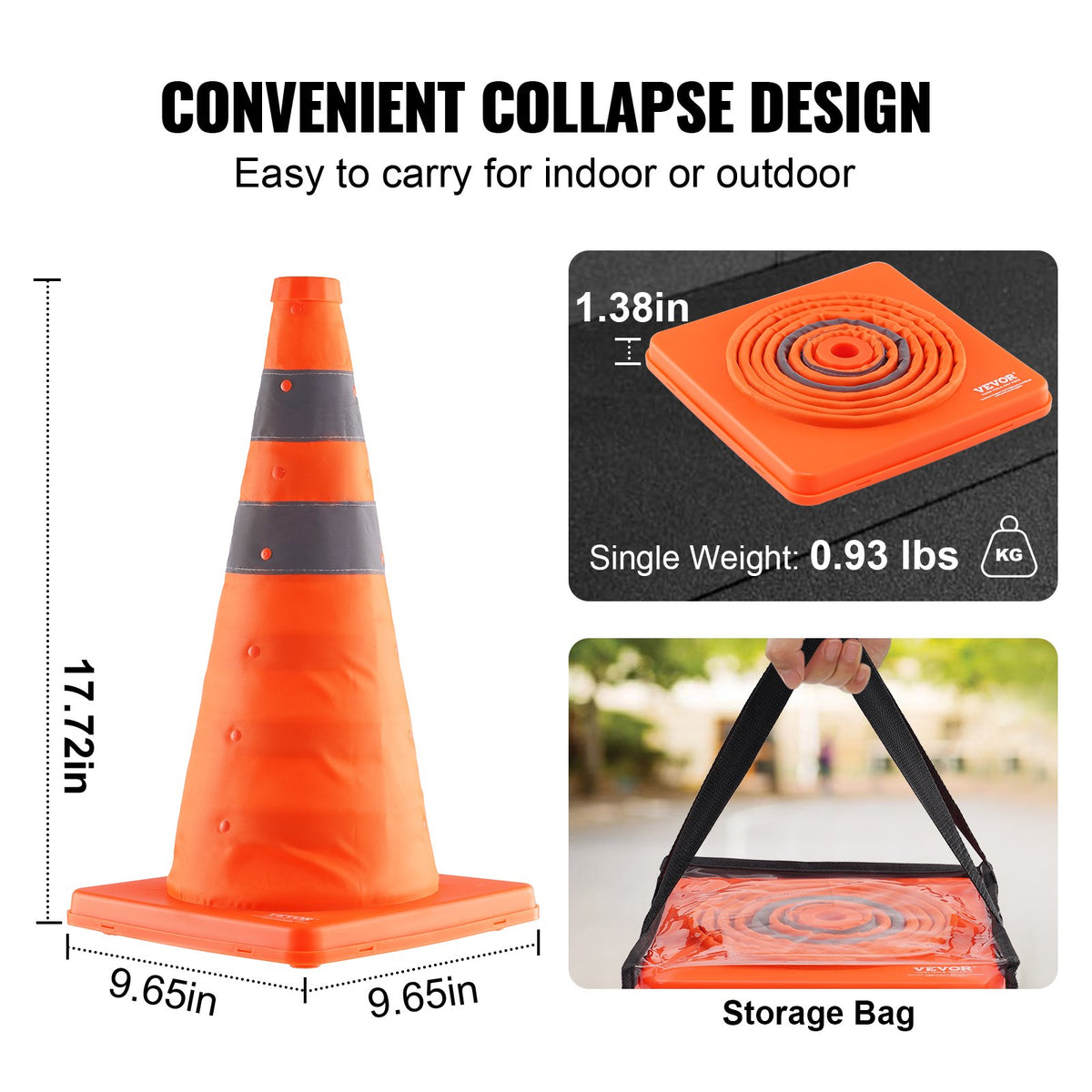 VEVOR Safety Cones, 4 Pack 18 inch Collapsible Traffic Cones, Construction Cones with Reflective Collars, Wide Base and A Storage Bag, for Traffic Control, Driving Training, - 18ZDAQZ18YCQM2TA7V0 - view 3