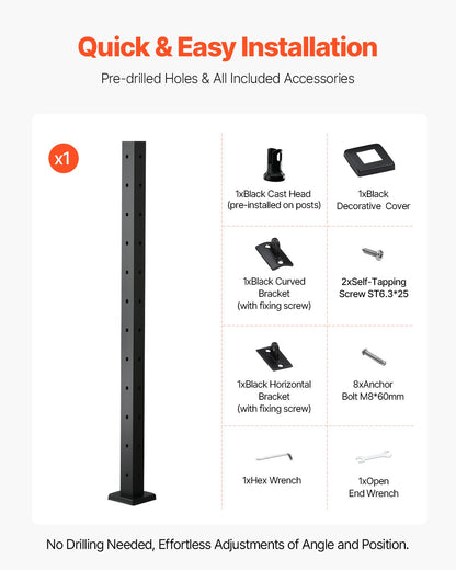 VEVOR Cable Railing Post, 42x2x2 Inch Corner Railing Post, with L-Shaped Pre-Drilled Holes, Stainless Steel Cable Rail Post with Horizontal and Curved Bracket, 1-Pack, Black, 1JZLGZXHS1065S1EW001V0 - 1JZLGZXHS1065S1EW001V0 - view 7