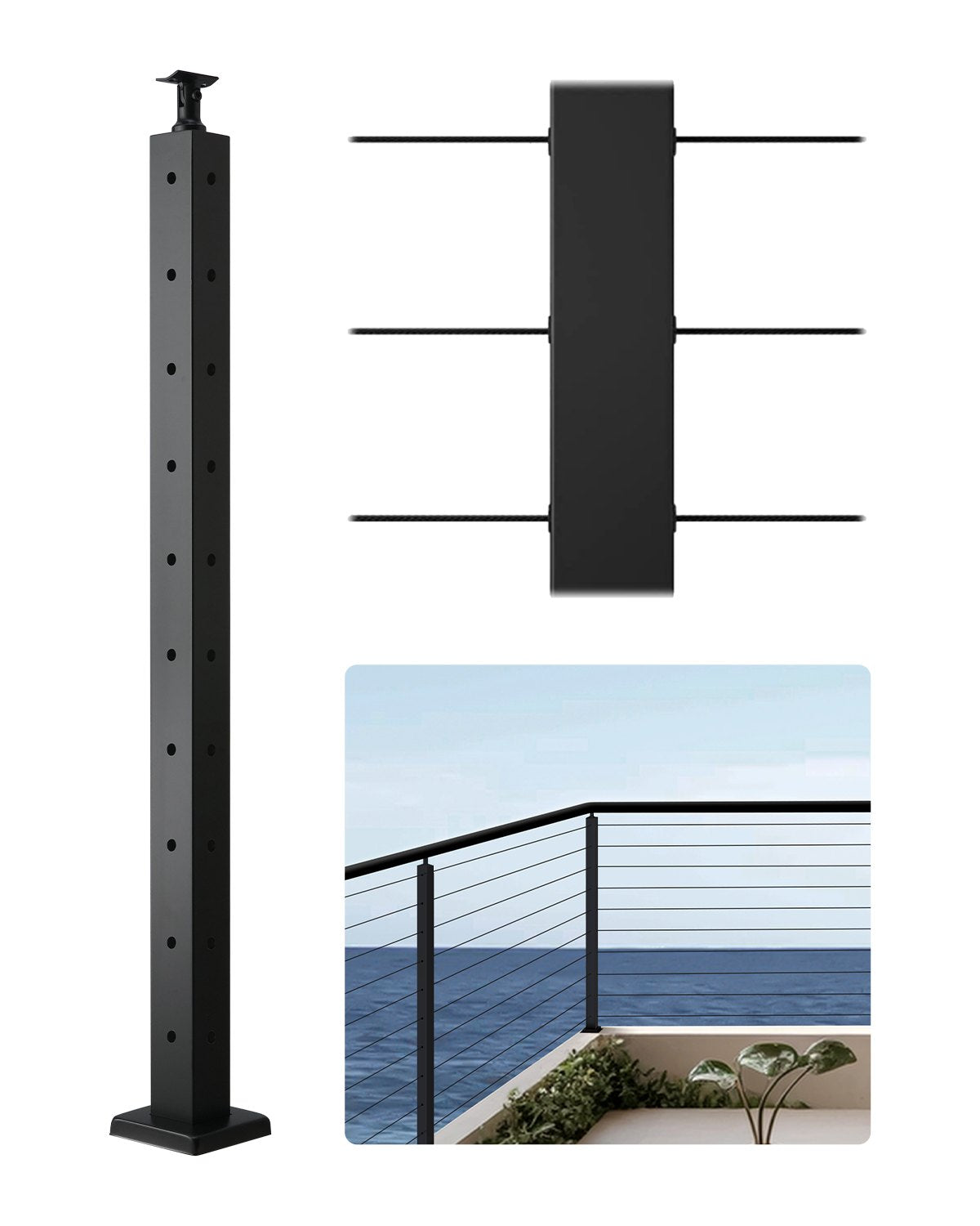 VEVOR Cable Railing Post, 36x2x2 Inch Corner Railing Post, with L-Shaped Pre-Drilled Holes, Stainless Steel Cable Rail Post with Horizontal and Curved Bracket, 1-Pack, Black, 1JZLGZXHS914ZPBNY001V0 - 1JZLGZXHS914ZPBNY001V0 - view 1