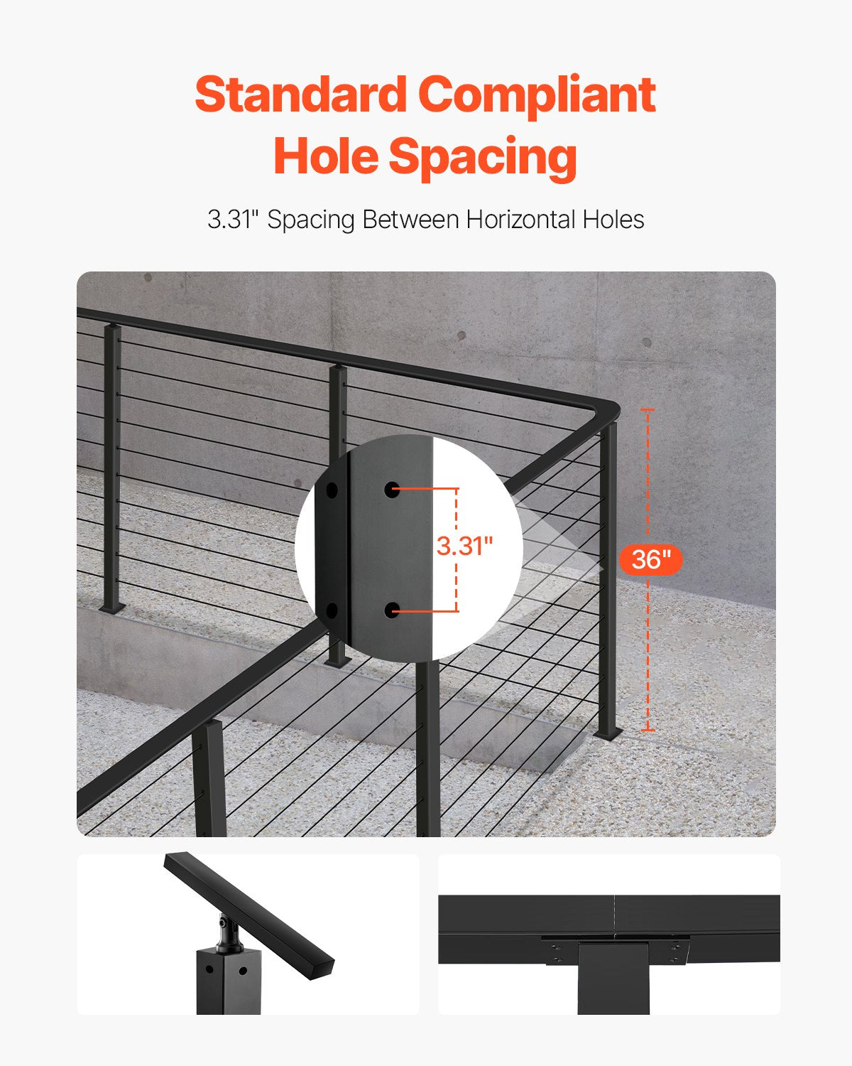 VEVOR Cable Railing Post, 36x2x2 Inch Corner Railing Post, with L-Shaped Pre-Drilled Holes, Stainless Steel Cable Rail Post with Horizontal and Curved Bracket, 1-Pack, Black, 1JZLGZXHS914ZPBNY001V0 - 1JZLGZXHS914ZPBNY001V0 - view 5