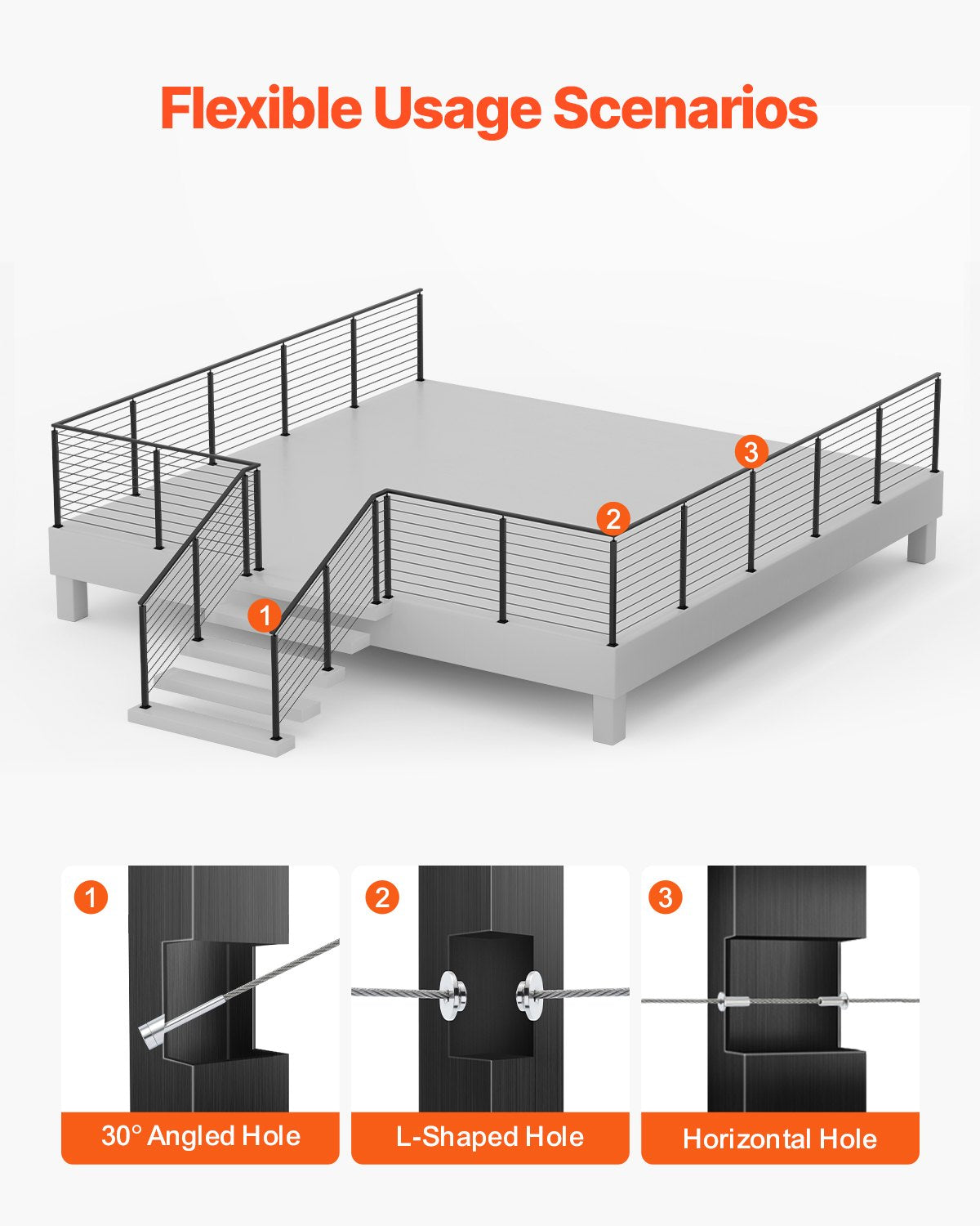 VEVOR Cable Railing Post, 36x2x2 Inch Corner Railing Post, with L-Shaped Pre-Drilled Holes, Stainless Steel Cable Rail Post with Horizontal and Curved Bracket, 1-Pack, Black, 1JZLGZXHS914ZPBNY001V0 - 1JZLGZXHS914ZPBNY001V0 - view 6