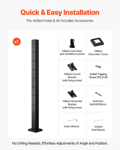 VEVOR Cable Railing Post, 36x2x2 Inch Corner Railing Post, with L-Shaped Pre-Drilled Holes, Stainless Steel Cable Rail Post with Horizontal and Curved Bracket, 1-Pack, Black, 1JZLGZXHS914ZPBNY001V0 - 1JZLGZXHS914ZPBNY001V0 - view 7