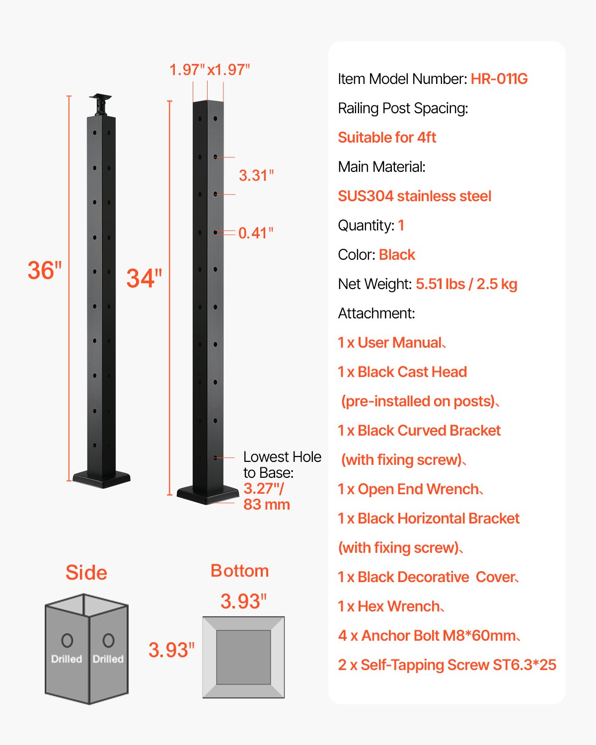 VEVOR Cable Railing Post, 36x2x2 Inch Corner Railing Post, with L-Shaped Pre-Drilled Holes, Stainless Steel Cable Rail Post with Horizontal and Curved Bracket, 1-Pack, Black, 1JZLGZXHS914ZPBNY001V0 - 1JZLGZXHS914ZPBNY001V0 - view 8