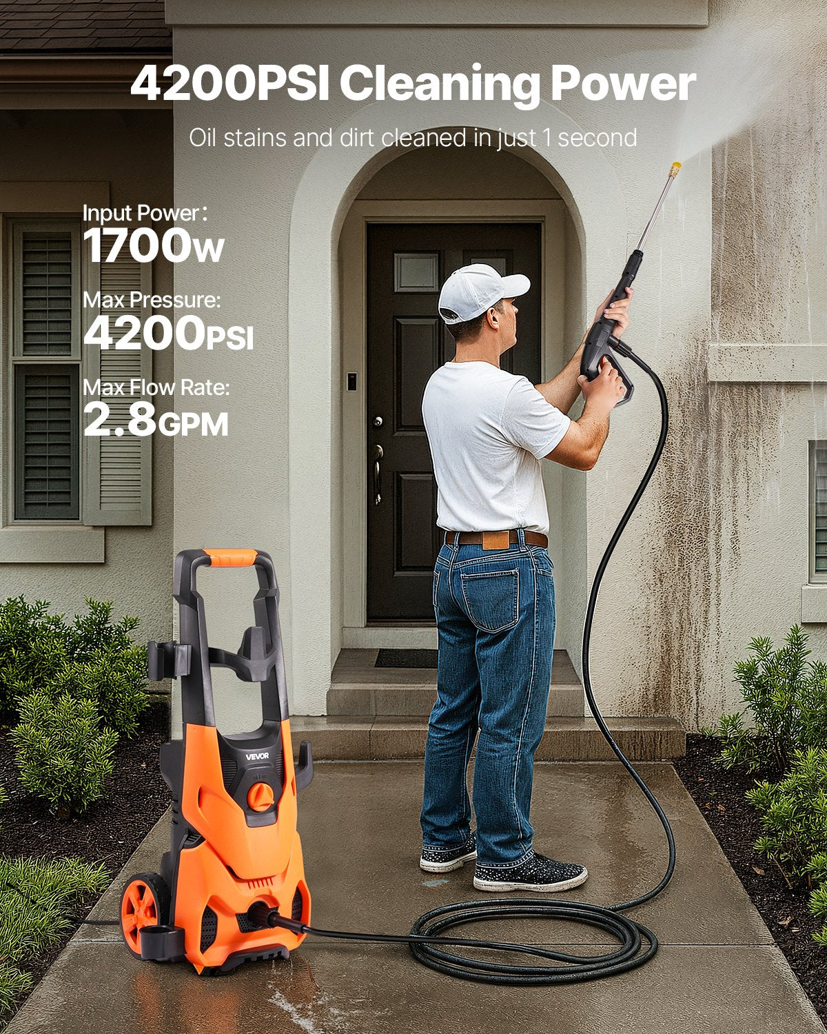 VEVOR Electric Pressure Washer, Max 2000 PSI and 2.8 GPM, High Power Pressure Cleaning Machine with 4 Quick Connect Nozzles and a Foam Cannon, Ideal for Cars/Fences/Driveways/Patios/Home Cleaning - 2000PSIDDGYQ03TI1001V1 - view 3