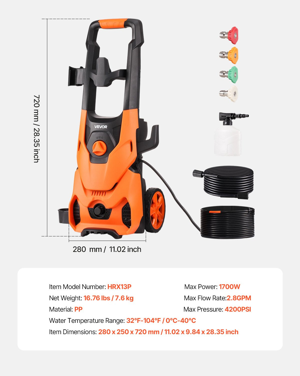 VEVOR Electric Pressure Washer, Max 2000 PSI and 2.8 GPM, High Power Pressure Cleaning Machine with 4 Quick Connect Nozzles and a Foam Cannon, Ideal for Cars/Fences/Driveways/Patios/Home Cleaning - 2000PSIDDGYQ03TI1001V1 - view 8