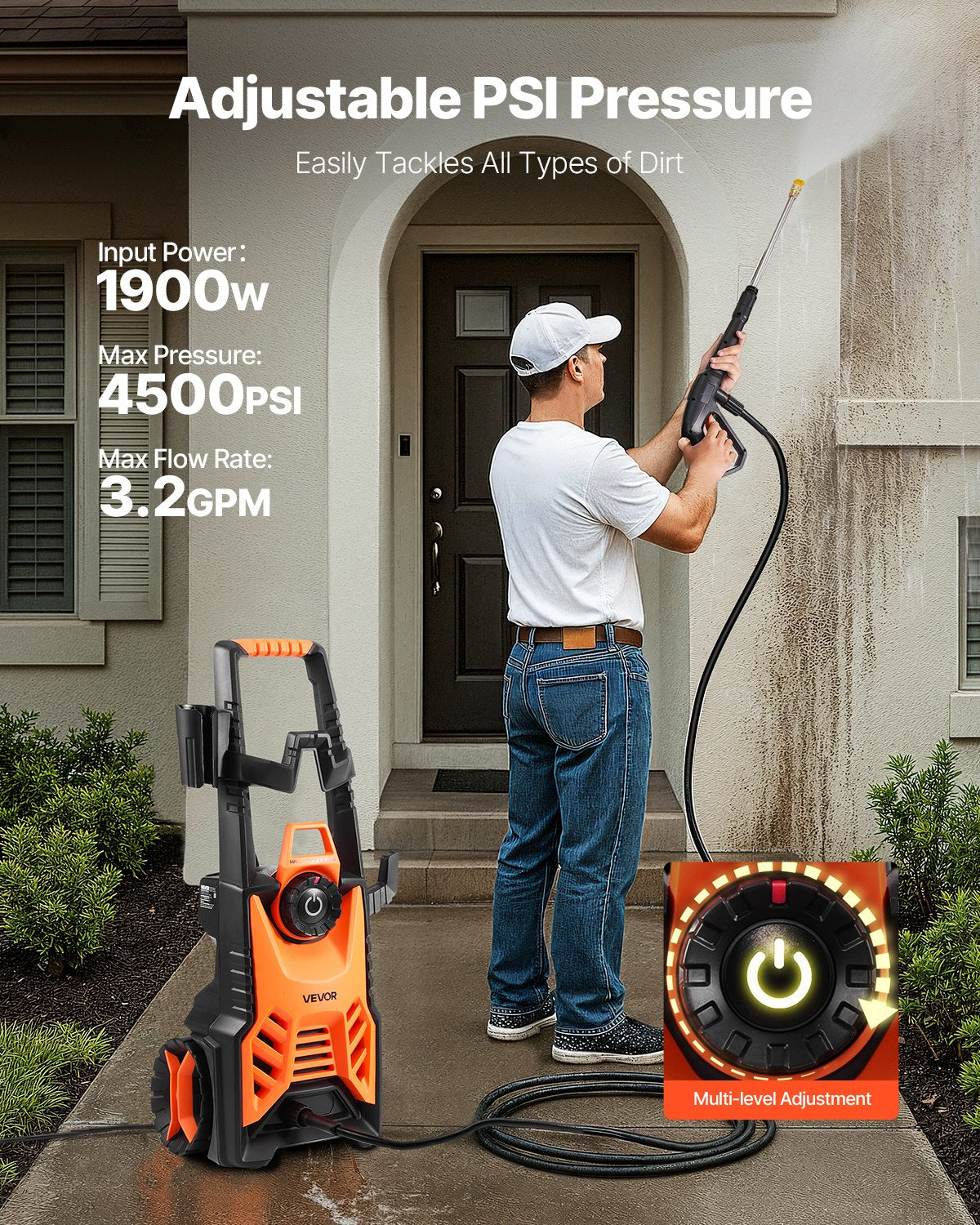 VEVOR Electric Pressure Washer, Max 4500 PSI and 3.2 GPM With Pressure Adjustment, High Power Pressure Cleaning Machine with 4 Quick Connect Nozzles, for Cars/Fences/Driveways/Patios/Home Cleaning - 2000PSIDDGYQB7U1I001V1 - view 3