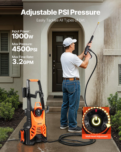 VEVOR Electric Pressure Washer, Max 4500 PSI and 3.2 GPM With Pressure Adjustment, High Power Pressure Cleaning Machine with 4 Quick Connect Nozzles, for Cars/Fences/Driveways/Patios/Home Cleaning - 2000PSIDDGYQB7U1I001V1 - view 3